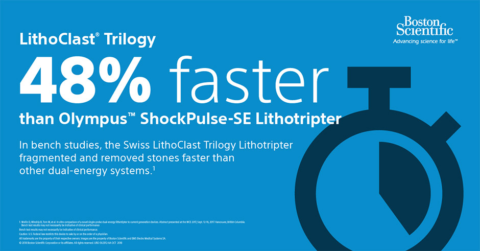 LithoClast® Trilogy - 48% faster that Olympus™ ShockPulse-SE Lithotripter - In bench studies, the Swiss LithoClast Trilogy Lithotripter fragmented and removed stones faster than other dual-energy systems. 1 - Study Methodology: Three lithotripsy systems were used to conduct this study, 10 trials were performed per device using 1cm3 cube-shaped BegoStones®, A single BegoStone was placed in a hemispherical silicone support in a water bath, Each lithotripter was utilized under direct vision to fragment and suction the BegoStones utilizing a 300cc/min constant suction rate and comparable fragmentation settings, The time to stone clearance for each trial was recorded and statistical analysis was performed. *For Swiss LithoClast Select, 10 trials were performed for each Ultrasound and Ultrasound and Pneumatic