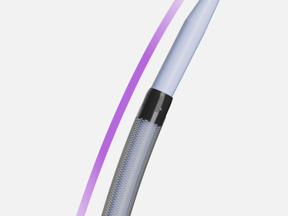 Detail of assembly showing smooth transition between FARADRIVE Steerable Sheath and VersaCross Connect Transseptal Dilator.