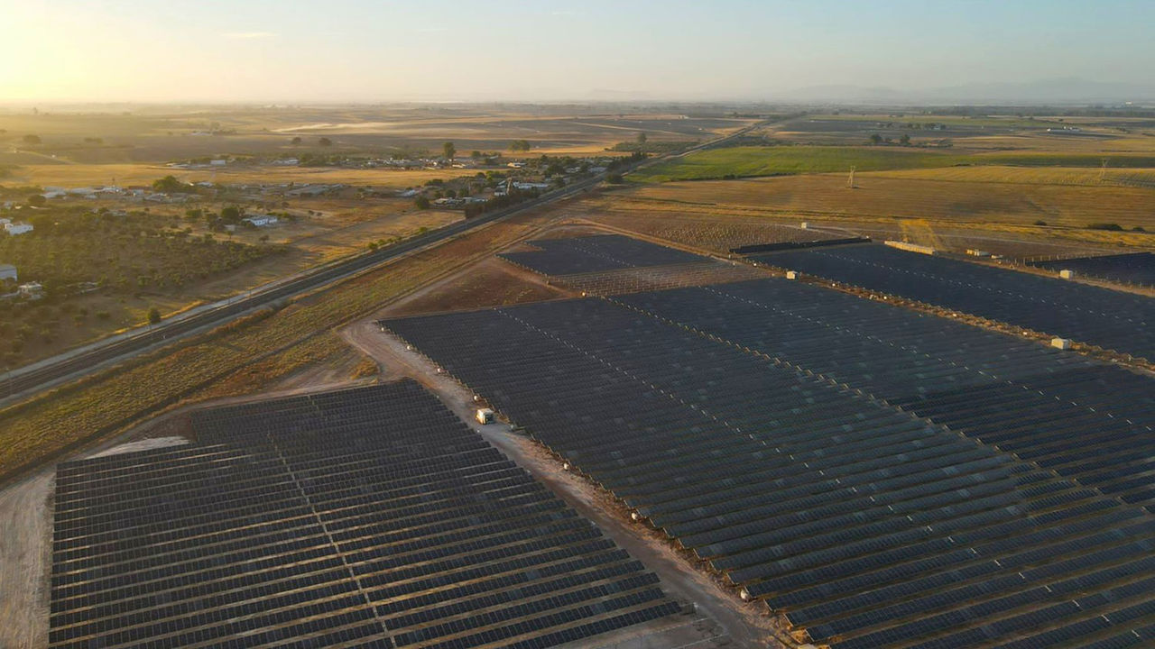 Aerial photograph shows a large solar power plant supplying renewable energy near Seville. 