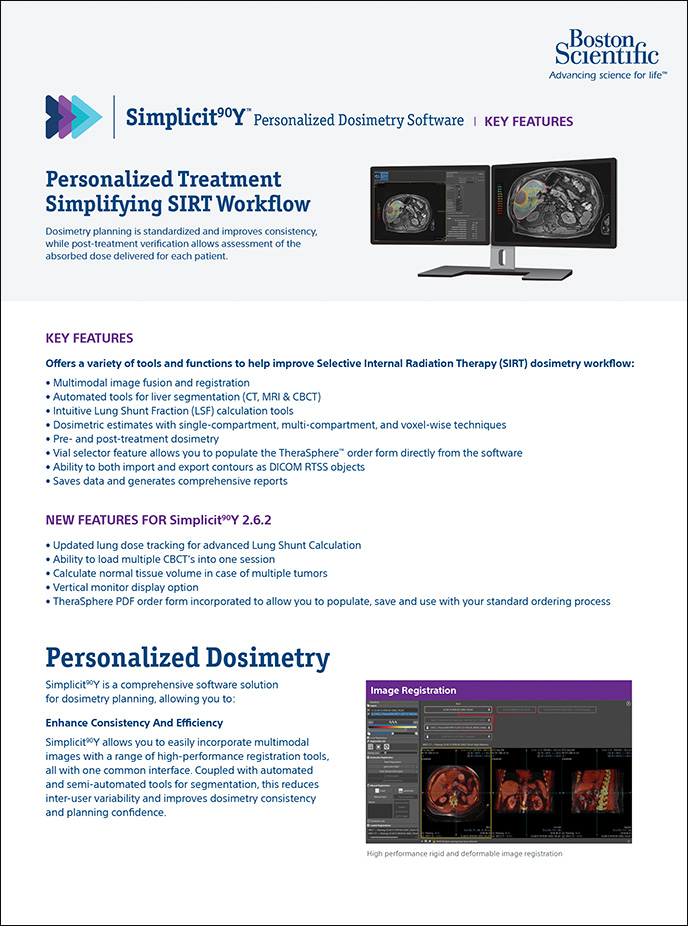 PDF Simplicit90Y Personalized Dosimetry Software key features.