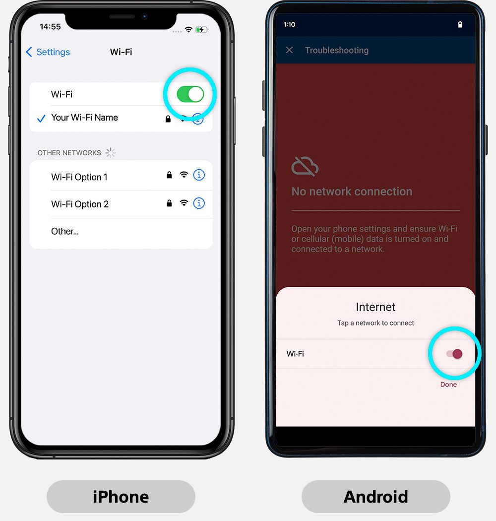 pantallas de iPhone y Android que muestran la conexión celular