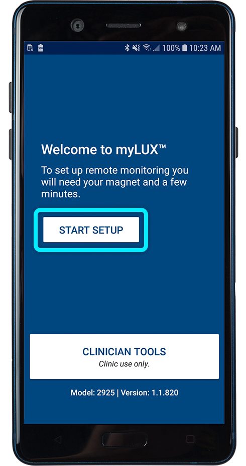 Pantalla de bienvenida de la aplicación myLUX para iniciar la configuración