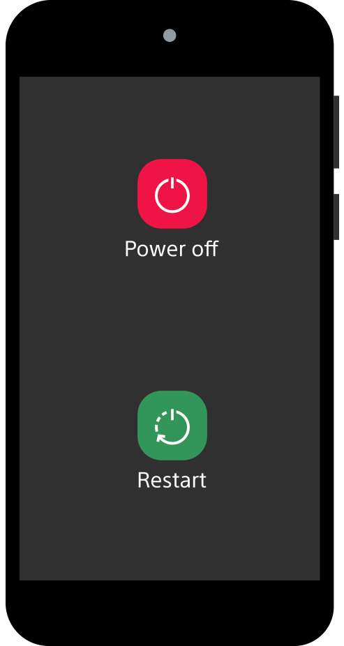 pantalla de teléfono que muestra ícono rojo de apagado e ícono verde de reinicio