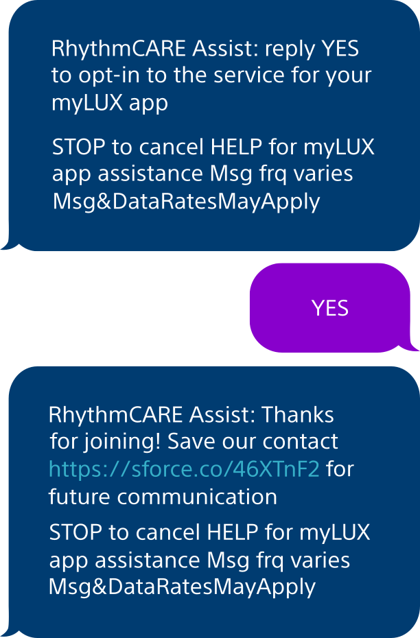 sample text message exchange from RhythmCARE Assist