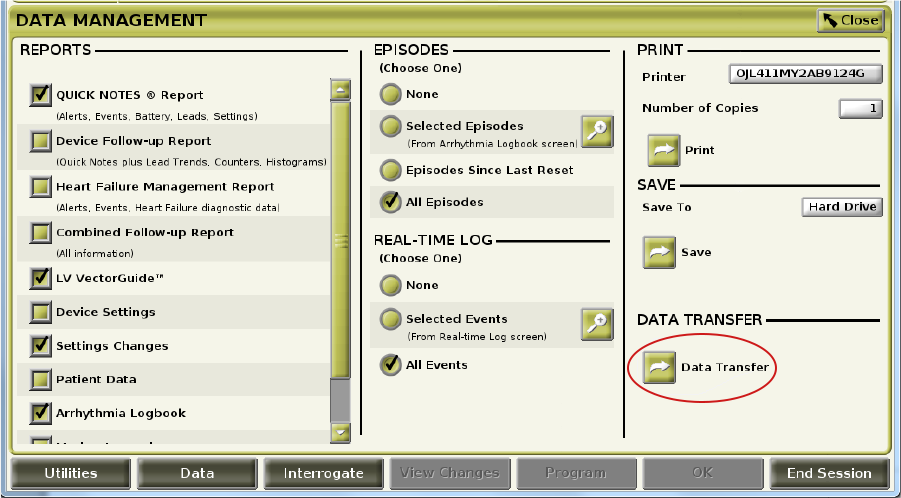 Data Management Screen