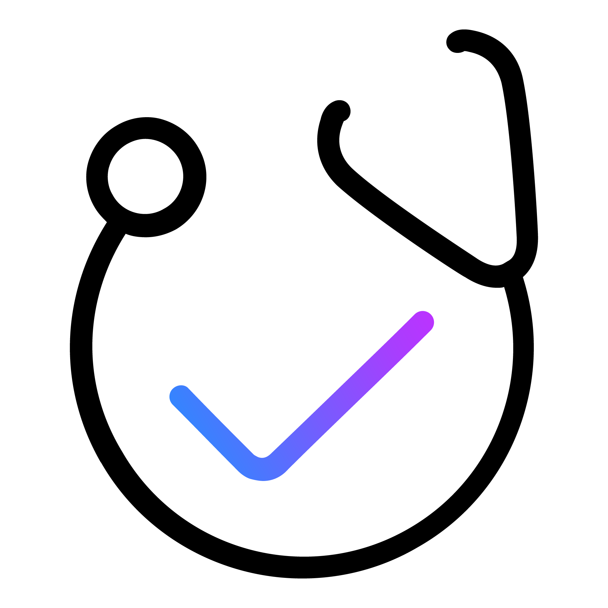 Stethoscope with a checkmark, symbolizing a stable, secure environment for a cardiac implant. 