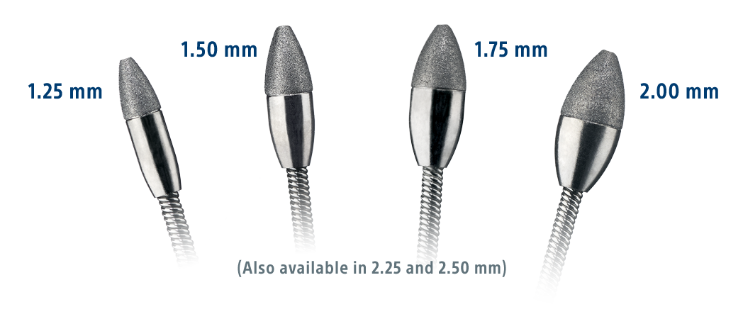 ROTAPRO Burr sizes 1.25 mm, 1.5 mm, 1.75 mm, and 2.00 mm.