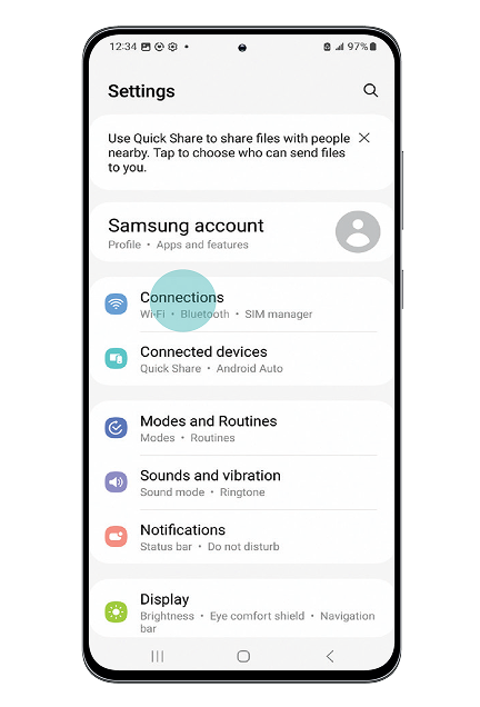Settings screen showing where to tap Connections.
