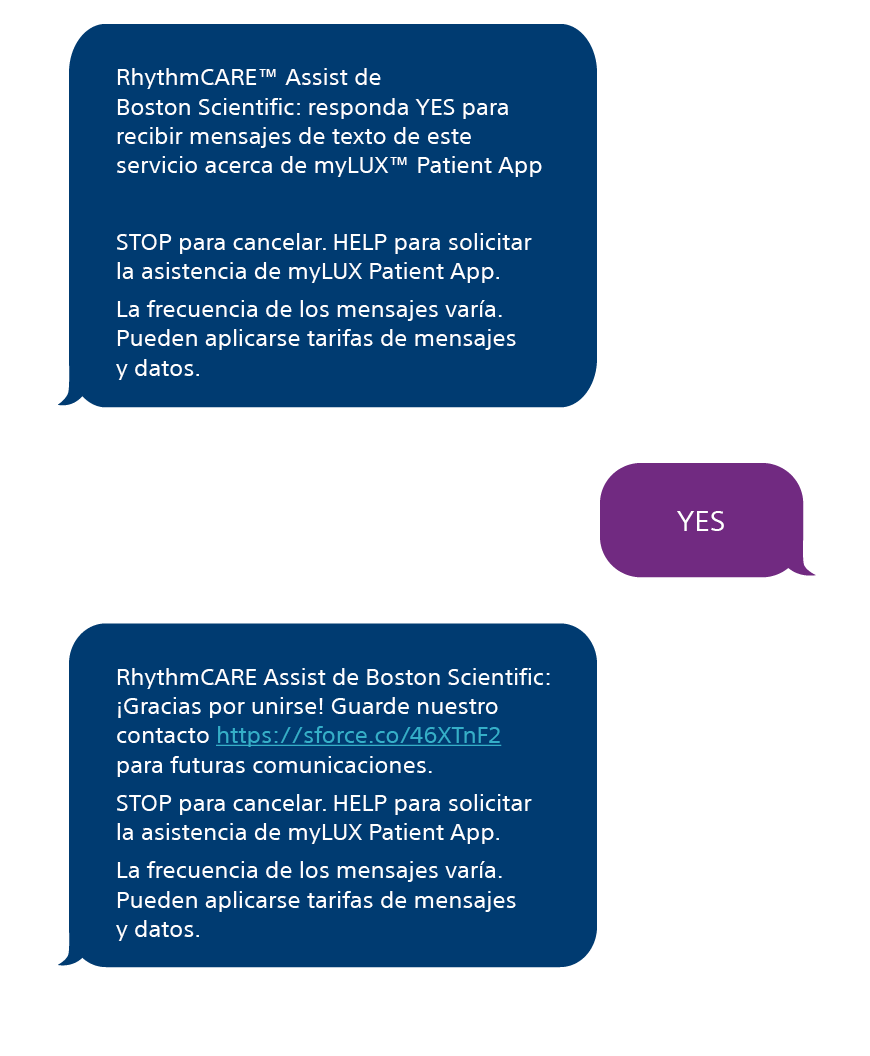 intercambio de mensaje de texto de muestra de RhythmCARE Assist