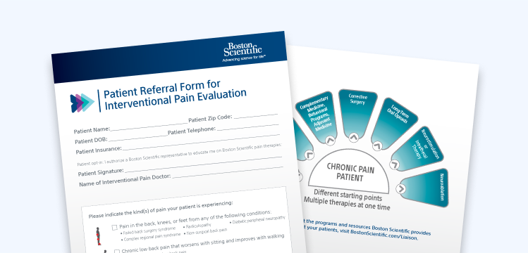Patient referral form for interventional pain evaluation with program overview.