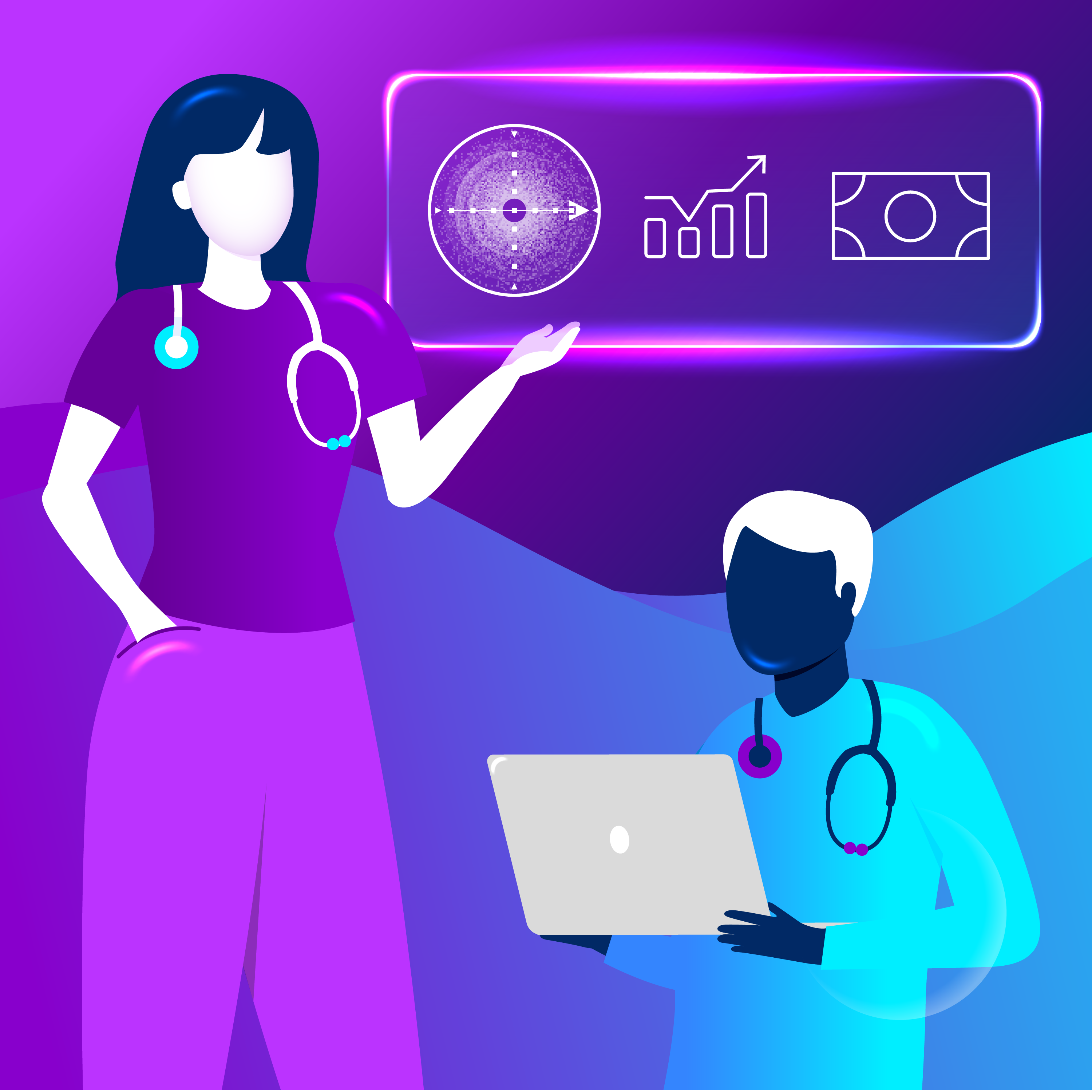Illustrated image of healthcare provider pointing to data with second provider viewing laptop.