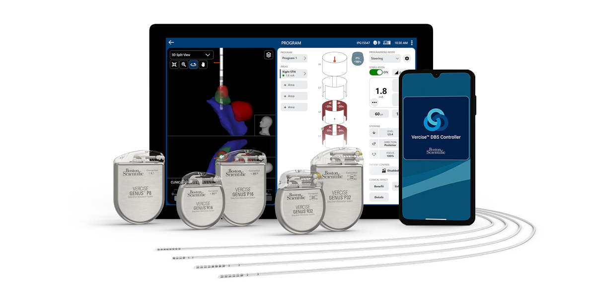 Vercise Genus DBS system with implantable pulse generators, leads, tablet interface, and mobile controller app.