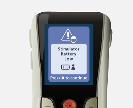 blue screen displaying "stimulator battery low" message.