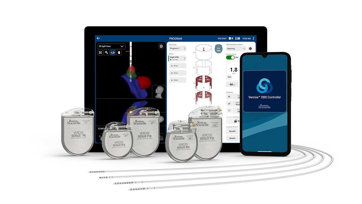 Vercise Genus DBS system with implantable pulse generators, leads, tablet interface, and mobile controller app.