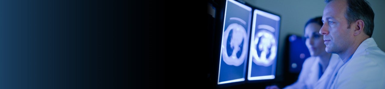 Two healthcare professionals viewing medical image on monitors.