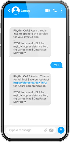 Smartphone screen with RhythmCARE Assist service.