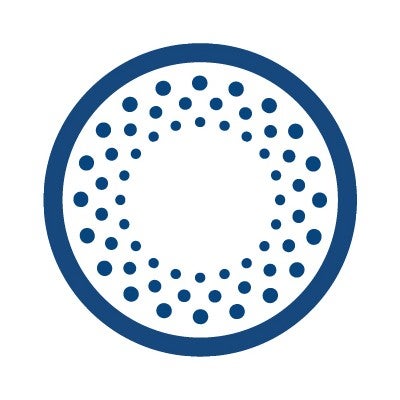 Blue outlined circle with various size dots icon.