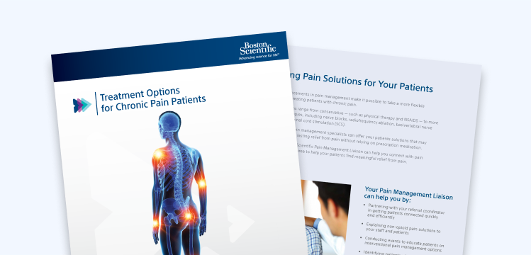 Treatment options for chronic pain brochure cover and interior page preview.