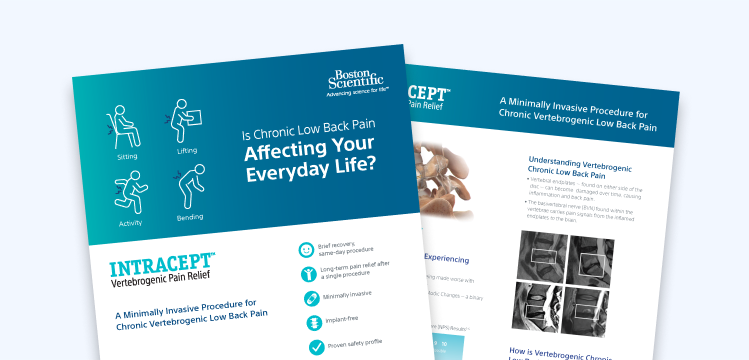 Procedure information card describing chronic vertebrogenic low back pain treatment.