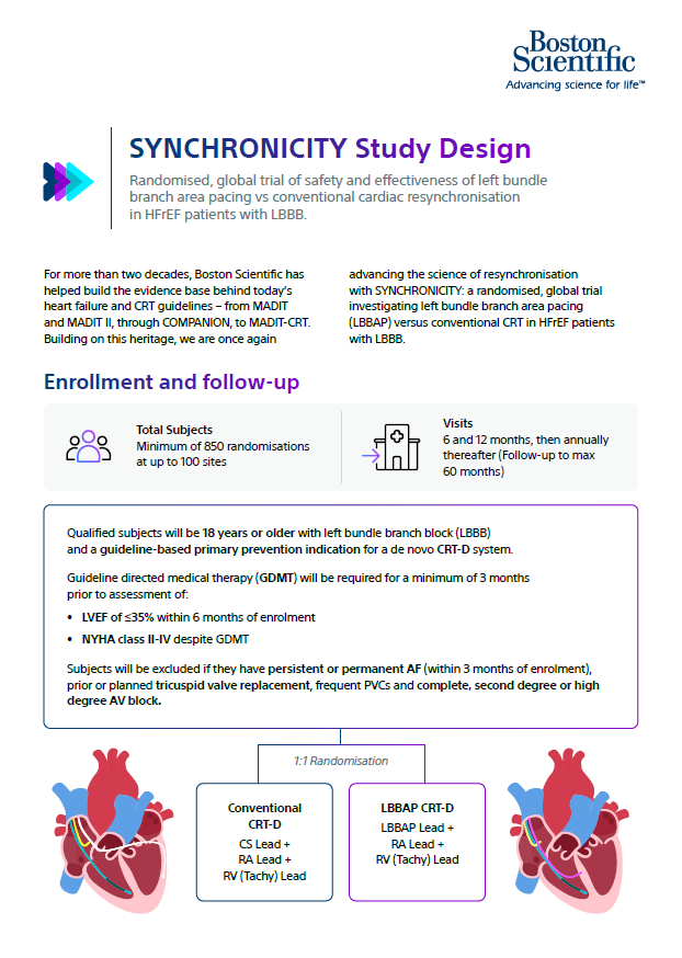 SYNCHRONICITY study one pager showing the trial design for left bundle branch area pacing versus conventional CRT in HFrEF patients with LBBB.