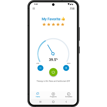 My Favorite therapy dashboard showing 39.5% intensity, therapy on controls, and navigation menu.