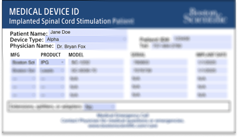 Sample Medical Device ID card for an implanted spinal cord stimulation patient, showing placeholder patient and device details.