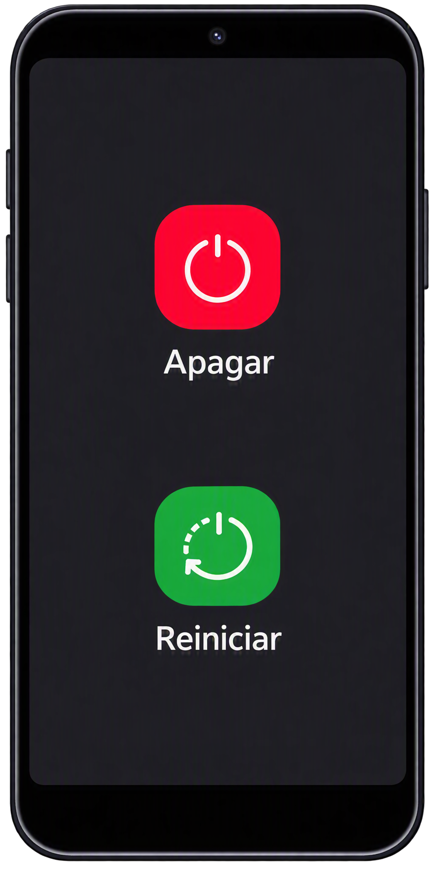 pantalla de teléfono que muestra ícono rojo de apagado e ícono verde de reinicio