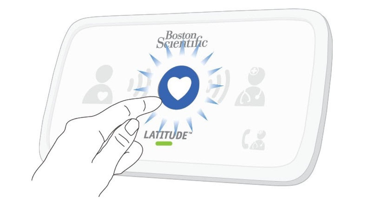 Boston Scientific’s LATITUDE Communicator showing finger pressing heart button