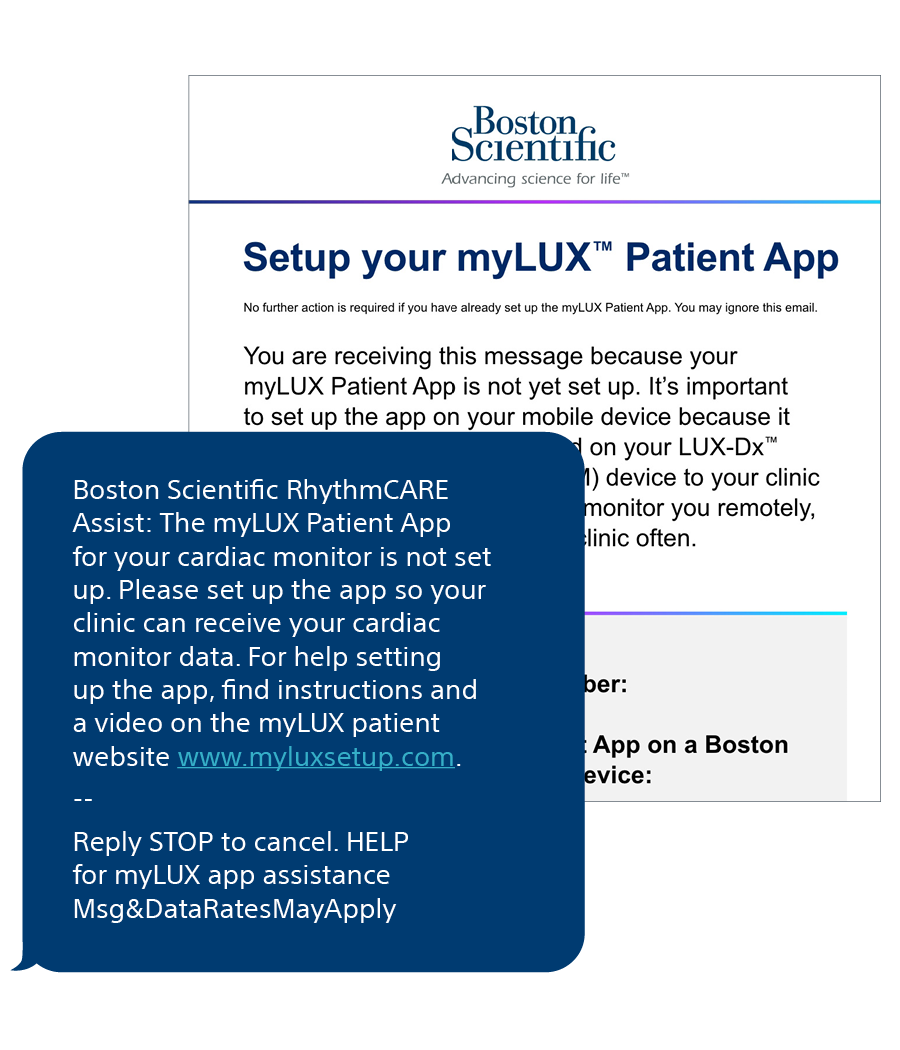sample email and text message from RhythmCARE Assist if your app has become disconnected