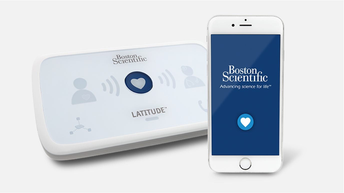  Boston Scientific’s Remote Monitoring System and mobile device with blue Boston Scientific screen