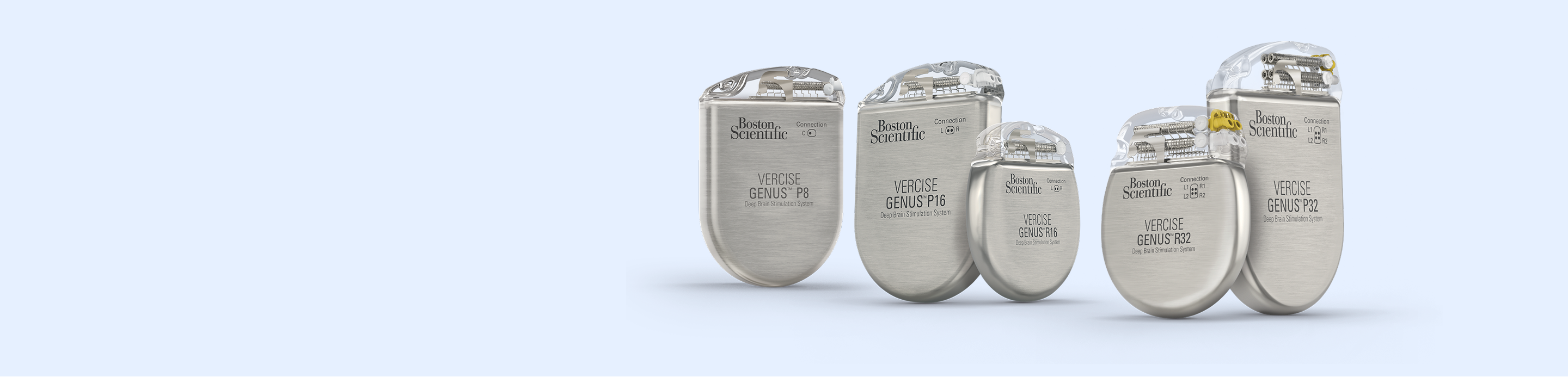 Five Boston Scientific Vercise Genus deep brain stimulation system implantable pulse generators in different sizes.