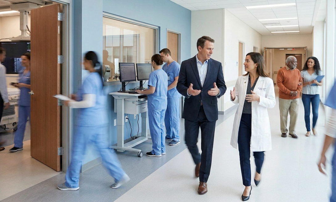 Hospital scene with a CVSL Hospital Administrator talking to a BSC representative 