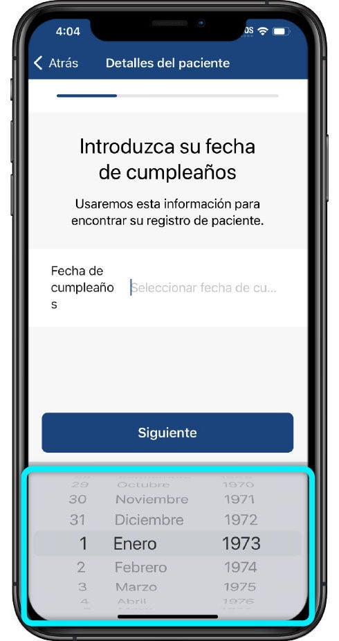 pantalla para ingresar su fecha de nacimiento