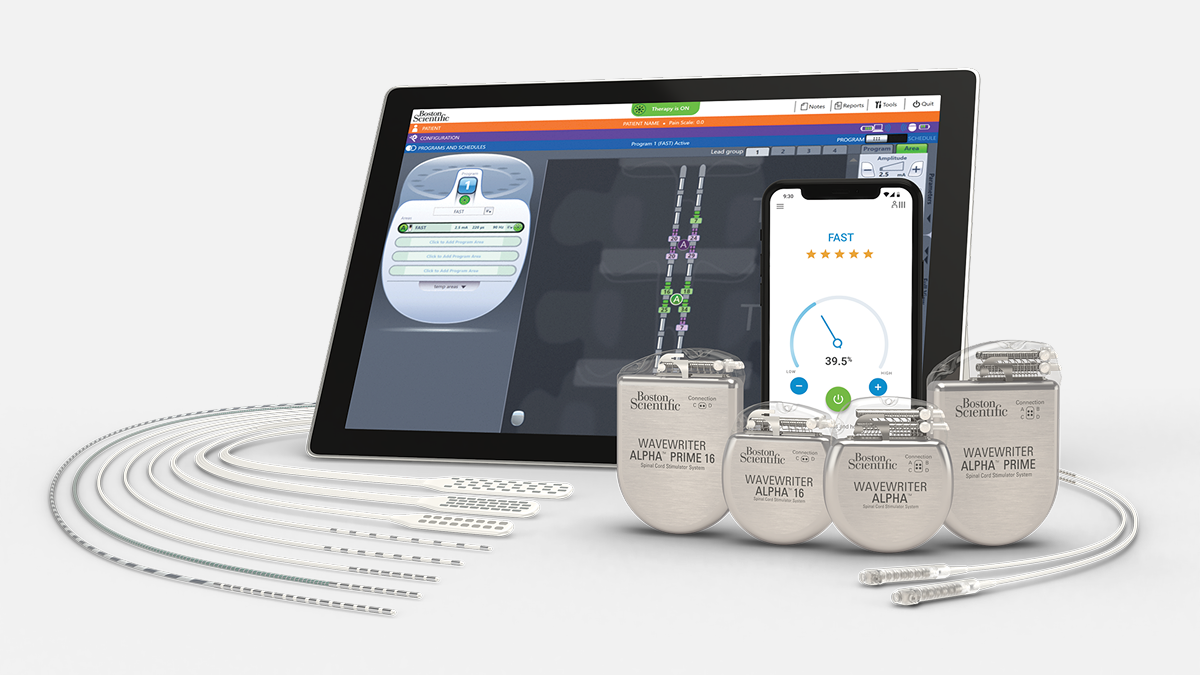 WaveWriter alpha scs system including: p16, r16, p32, r32 ipgs; leads; controller software on tablet; mySCS GO patient controller on phone; M8 and S8 adapters.