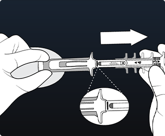 Hands pulling back plunger of LUX-Dx Insertion Tool to premarked blue line.