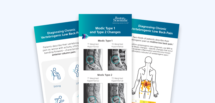Patient education cards showing vertebrogenic pain diagnosis and Modic type changes.