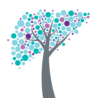 illustration of tree with colorful blue green circles for leaves.