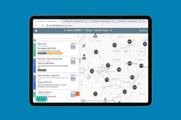 Tablet with PatientFinder platform, including names and map.