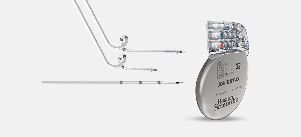 Boston Scientific X4 CRT-D cardiac resynchronization therapy defibrillator, with leads.
