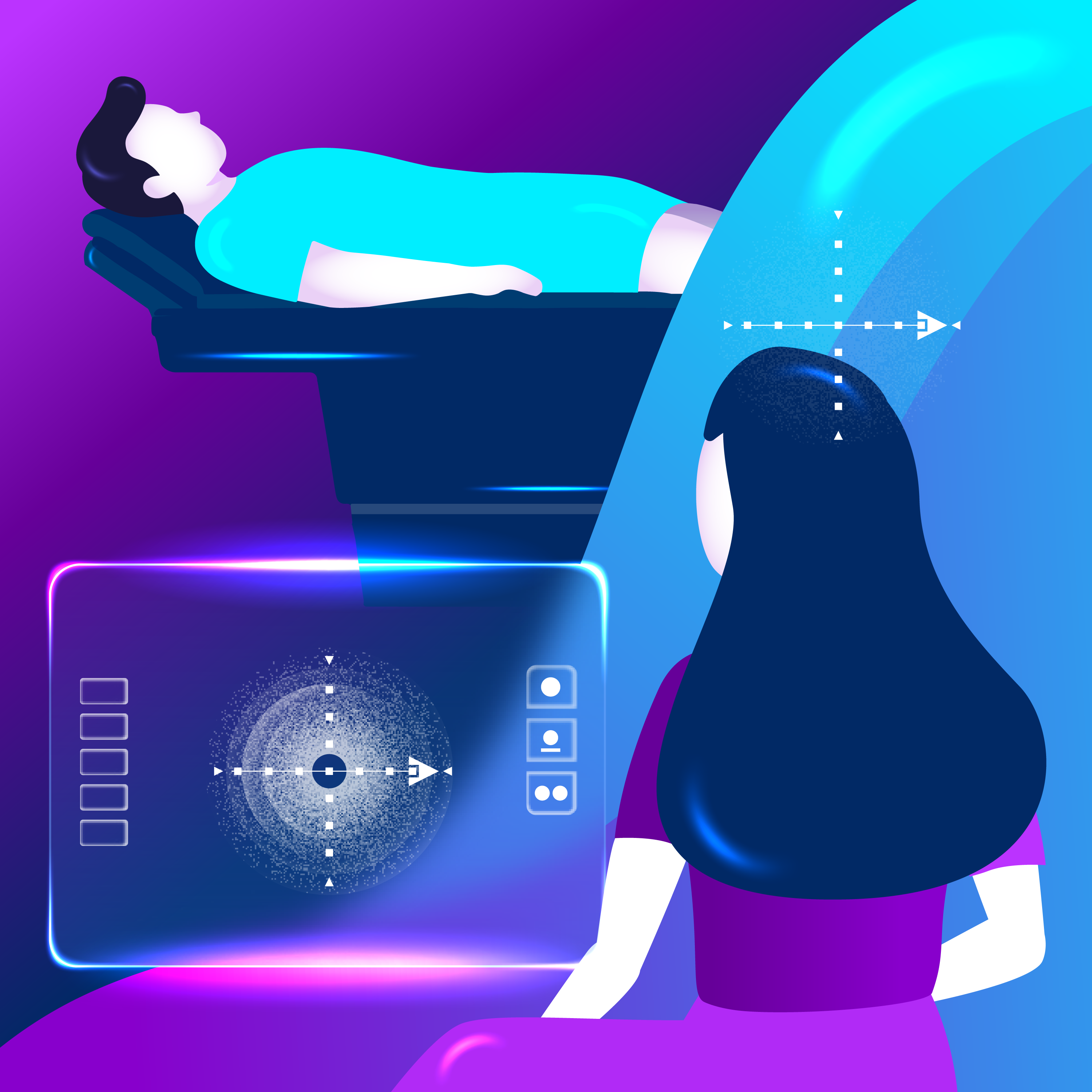 Illustrated image of healthcare provider viewing screen with patient laying on exam table in rear.