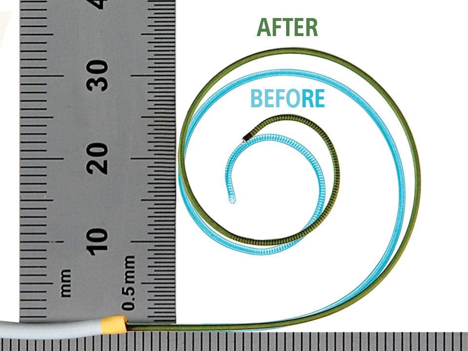 After compression testing, SAFARI2 maintains a high percentage of curve geometry after insertion into a pigtail catheter.