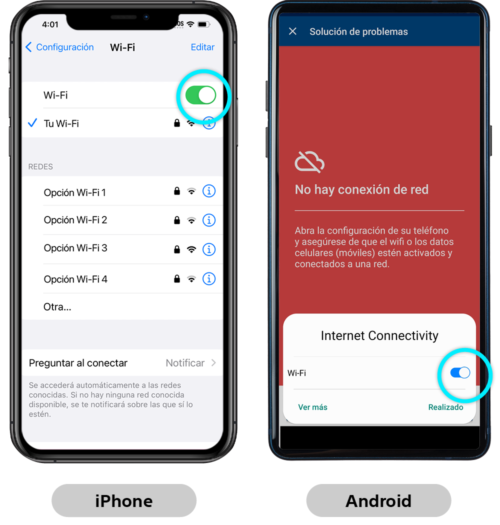 pantallas de iPhone y Android que muestran la conexión celular