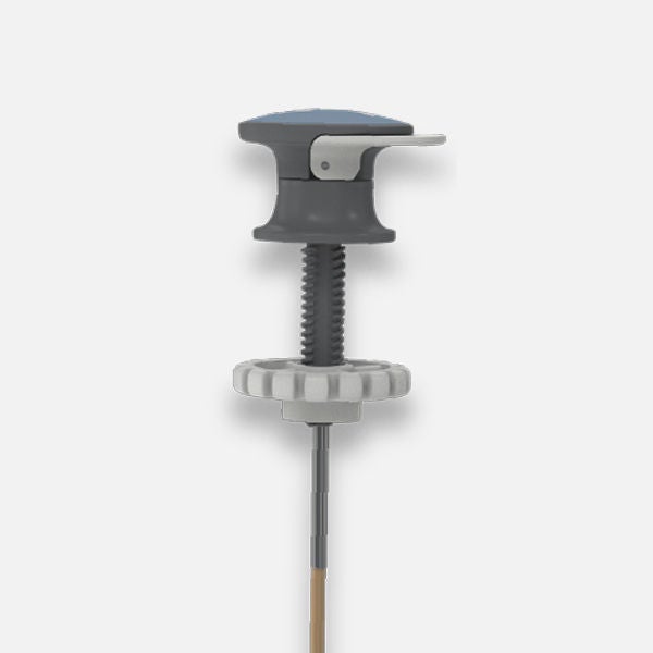 Gray surgical instrument with adjustable screw handle and long shaft.