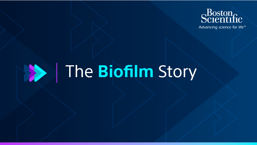 Dark-blue graphic with an arrow pattern and text that says “The Biofilm Story.” 