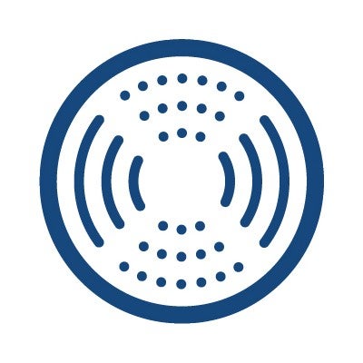 Blue outlined circle with small dots and lines icon.