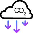 Icon showing illustration of a  cloud with down arrows coming out of it denoting lower amounts of carbon dioxide.