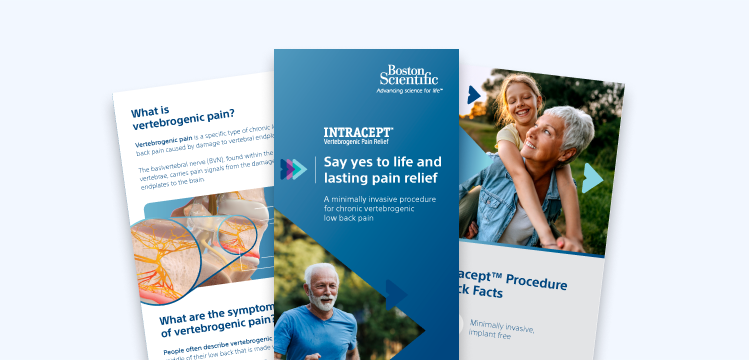 Intracept patient brochure featuring vertebrogenic pain information and lifestyle imagery.