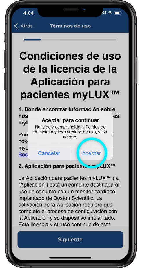 pantalla de condiciones de uso de la licencia con aviso para aceptar