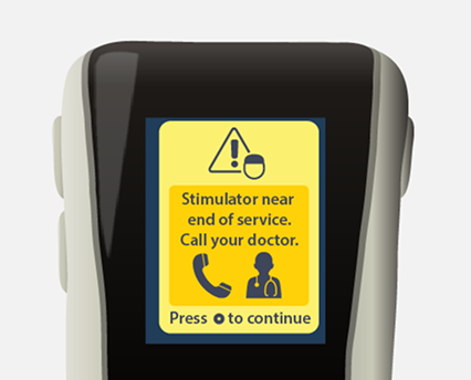 Screen showing stimulator near end of service, call your doctor.