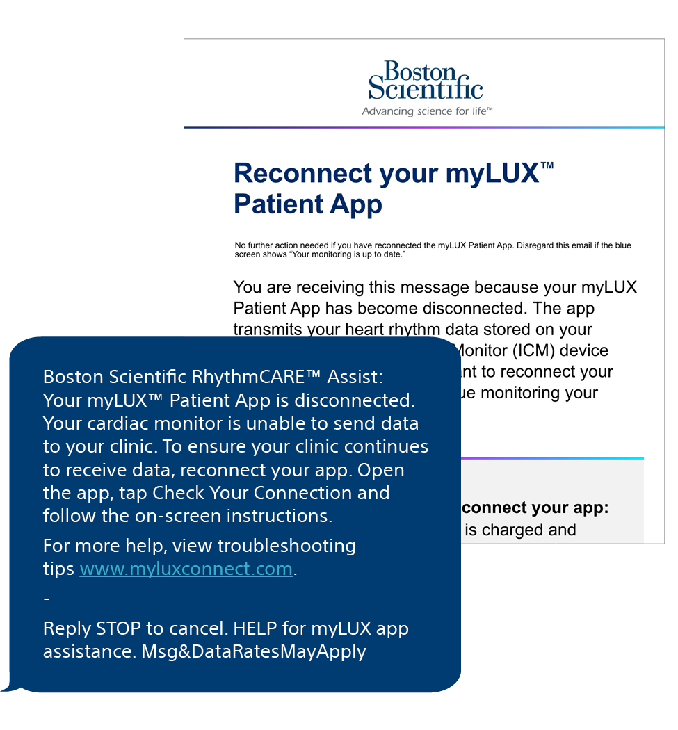sample email and text message from RhythmCARE Assist if your app has become disconnected